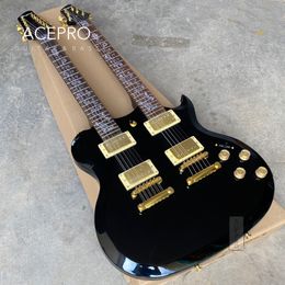 Acepro Black Double Neck Electric Guitar With Basswood Body Carved Top Abalone Custom Stem Inlays Gold Hardware Guitarra