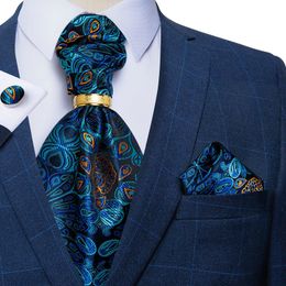 Neck Ties Men Luxury Ascot Tie Set Silk Paisley Cravat Wedding Party Exquisite Scarf Ties Sets Handkerchief Necktie Cufflinks Ring DiBanGu 230607