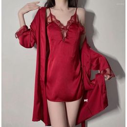 Women's Sleepwear Lisacmvpnel Sexy Lace Pyjamas Women's Ice Silk Nightgown Two-piece Robe Set