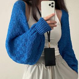 Sweaters Korean Style Sweater Chic Niche Klein Blue Woven Texture Design Solid Colour Short Lantern Sleeve Knitted Cardigan 2023 Women