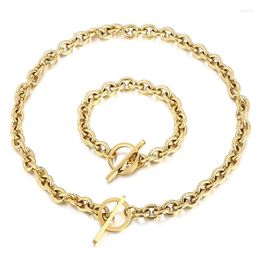 Necklace Earrings Set Gold Silver Color Stainless Steel Cuban Link Chain Choker Male Bracelets Jewelry For Women Men