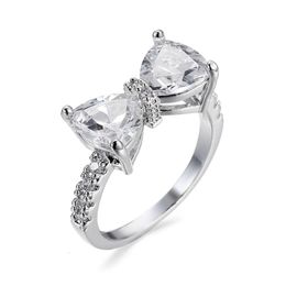 Solitaire Ring Arrive Lovely Bowknot Design Female -Silver Color-Jewelry Ring With Micro Paved Bow Tie CZ Stones For Party And Dating 230607