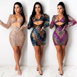 Женщины Sequin Bodycon Mini Dress Patchwork Mesh Hollow Out Вечерние вечеринки элегантная клубная одежда с длинным рукавом худая