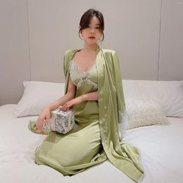 Women's Sleepwear Satin Kimono Robe Gown Women 2PCS Nightdress&Bathrobe Suit Sexy Lace Summer V-Neck Nightwear Intimate Lingerie