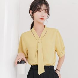 Women's Blouses Ladies Summer Chiffon Blouse Cute Sweet Pink Short Sleeve Shirt Top With Tie Yellow Girls Loose V-neck Elegant Streetwear