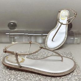 Summer Flat sandals rhinestone pin toe lace decorative ankle band luxury designer dress shoe fashion factory quality womens casual beach shoes ReneCaovilla