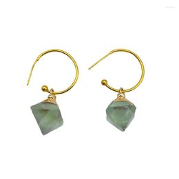 Dangle Earrings Brass Metal Green Fluorite Raw Delicate Stone Charm Genuine Gold Plated Drop Crystal