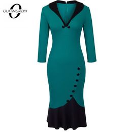 Dresses Women Retro Buttons Patchwork Bodycon V Neck Business Party Pencil Wiggle Dress EB27