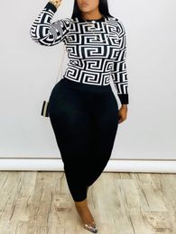 Plus Size Round Neck Geometric Print Pants Set Female Polyester Casual RegularLong Sleeve O-Neck Matching Outfits For Women