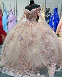 Blush Pink Quinceanera Dresses Ball Gown For Sweet 16 Girls 3D Floral Lace Appliques Sequins Beads Off The Shoulder Princess Graduation Gowns Vestido De 15 Anos