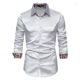 Men's Casual Shirts Mens Solid Color Silk Stain Luxury Dress Hipster Patchwork Paisley Tuxedo Shirt Men Long Sleeve Party Male Chemise