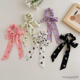 Other Fashion Flower Print Bow Satin Long Ribbon Ponytail Scarf Hair Tie Scrunchies Women Girls Elastic Bands Accessories R230608