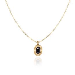 Pendant Necklaces Black Zircon Necklace For Women French Style Vintage Oval Gold Color Titanium Steel Charm Jewelry Gift Wholesale(GN879)
