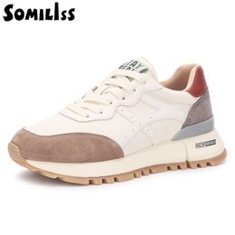 SOMILISS Women Platform Sneakers Genuine Leather Lycra Suede Patchwork Breathable Fashion Ladies Casual Sneakers Running Shoes