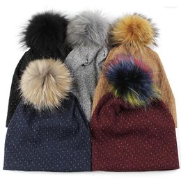 Berets Colorful Dot Women Multicolor Ribbed Cotton Beanies 15cm Real Fur Pompom Ladies Stretch Hats Outdoor Warm Bonnet
