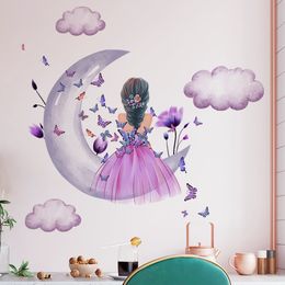 Watercolour Princess on Moon Wall Stickers for Girls Room Butterfly Flower Wall Decals Bedroom Decoration Baby Room Wall Stickers