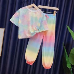Clothing Sets Girls Summer Fashion Ice Silk Rainbow Gradient Colour Loose 2pcs Tshirtspants Suits 312 Years Kids Tiedyed 230607