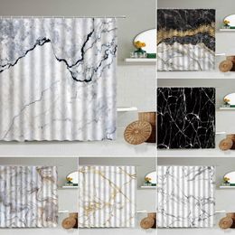 Shower Curtains Marble Striped Shower Curtain White Gray Gold Black Simple Design Bathroom Accessories Decorative Waterproof Screen with Hooks 230607