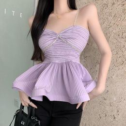 T-Shirt 2022 Summer Ruffles Beading Camisole Girls Fashion Fairy Camis Top Women Faux Diamonds Spaghetti Straps Tanks