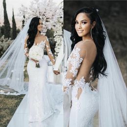 Mermaid Wedding Dresses 2021 With Long Illusion Sleeve Dubai Arabic Sexy Sheer Back Bridal Wedding Gowns Lace Appliqued Tulle Cour204W