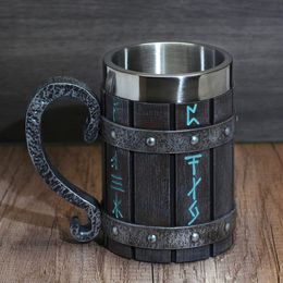 Mugs Viking Vintage Oak Barrel Beer Mug Stein with Stainless Steel Liner Coffee Cup Tea Mug Large Capacity Mug Pub Bar Party Gift 230607