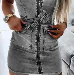 Unico abito in denim Agarico manica ad aletta desginer Summer Sundress Backless Mini Jeans GONNA Moda Casual Abbigliamento donna Blu all'ingrosso