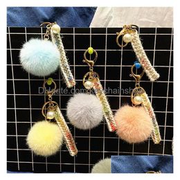 Keychains Lanyards Hairball And Pearl Keychain 12 Colour Bag Ribbon Pendant Interior Decoration Hanging Accessories Gift Cute Plus Dhuav