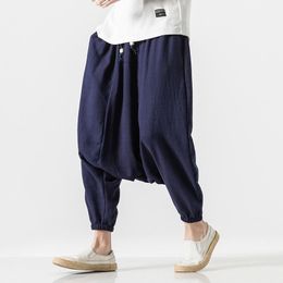 Pants 2022 Men Drop Crotch Wide Legs Pants Mens Chinese Style Linen Harem Pants Male HipHop Streetwear Joggers Cross Trousers