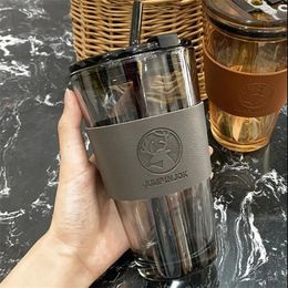 Mugs 350ml 450ml Creative Christmas Deer Glass Cup With Lid Straw Leather Cover Heat-resistant Coffee Mug Transparent Glass Tea Cup 230607