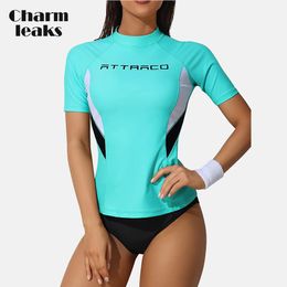 Wetsuits Drysuits Charmleaks Women Rash Guard Crew Neck Color Block Elastic Surfing Shirt UPF 50 Soft Short Sleeves Swimwear Hike Top 230607