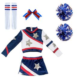 Cheerleading Pompoms And Socks Girls Uniform Dance Costume Long Sleeves Kids Cheerleader Outfit Round Neckline Patchwork Style D 230608