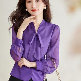 Women's Blouses Purple Colour Lace Up Bow Women Blouse Shirt Full Sleeves Office Work White Tops Lady Clothes Size XXL XL