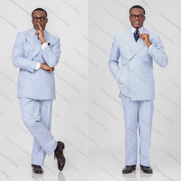 Light Blue Stripes Men Wedding Tuxedos 2 Pieces Double Breasted Peaked Lapel Outfits Wear Pants Sets