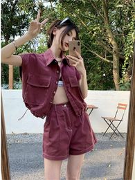 Women's Tracksuits GUUZYUVIZ 2 Piece Shorts Set Casual Sleeveless Turn-down Denim Shirt And High Waist Wide Leg Jeans Women Sets