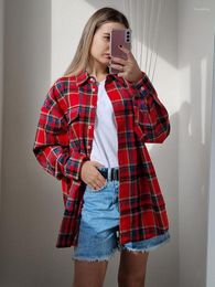 Women's T Shirts Bright Gingham Oversized For Women Street Style Casual Shacket Blouses And Tops Single-Breasted Spring