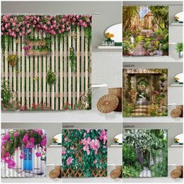 Shower Curtains Butterfly Flowers Shower Curtains Pink Rose Green Plants Wooden Fence Spring European Garden Scenery Bathroom Decor Bath Curtain 230607