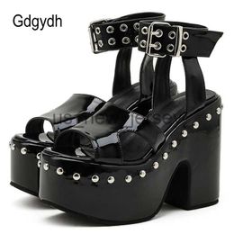 Sandals Gdgydh Great Quality Plus Size 43 Chunky High Heel Shoes Black Gothic Cool Summer Platform Sandals Women Ankle Buckle Bright J230608