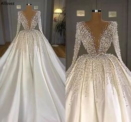 Dubai Arabic Kaftan Turkish Wedding Dresses Princess Ball Gown Long Sleeves Stunning Pearls Crystal Formal Bride Vestidos De Novia Middle East Bridal Gowns CL2393