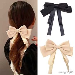 Other Korean Big Bow Hair Clip For Women Girls Accessories Elegant Long Ribbon Ponytail Barrette Black White Hairpins R230608