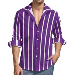 Men's Casual Shirts Purple And White Striped Shirt Vertical Stripes Print Long Sleeve Graphic Y2K Blouses Novelty Oversize Clothes