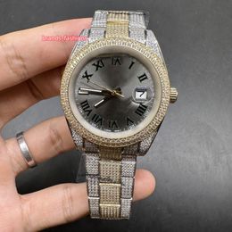 Classic Men's Watches Handmade Diamond Iced Popular Watch Gray Face 2Tone gold Stainless Steel Case watch Shiny Good Automatic Mechanical Men's Watch