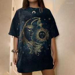 Women's T Shirts Cotton T-shirt Style Women's Retro Sun And Moon Printing Round Neck Short-sleeved Oversized Ladies