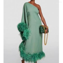 famous brandCasual Dresses Wepbel Feather Loose Evening Dress Women One-Shoulder Long Sleeve Large Swing Solid Colour Fashion Dinner