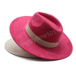 Suede 9.5CM Wide Brim Fedora Hat for Women Men Autumn Winter Church Jazz Hats Wedding Party Dress Cap