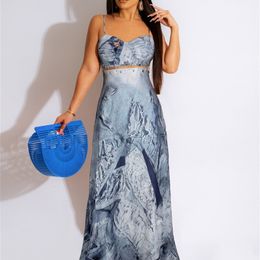 Two Piece Dress Jeans Print Pins Decor Set Women Lace Up Bra Top High Waist Maxi Skirts Elegant Sexy Evening Party Long Robe Suits 230608