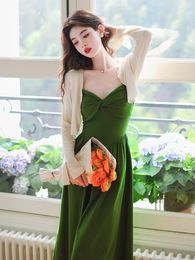 Work Dresses French Fashion Dress Suit Ladies Spring Outfits Long Sleeve Cardigan Bow Tie Strapless Sexy Retro Women Two Piece Set