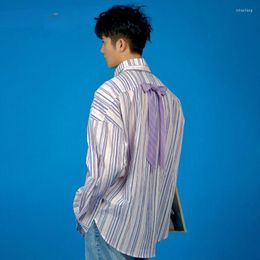 Men's Casual Shirts American Retro High Street Purple Pink Striped Bow Thin Long-sleeved Loose Shirt Fashion Men's Blouses Men Clothes