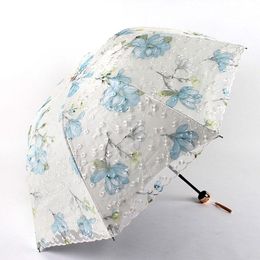 Umbrellas Double Embroidery Flower Lace Umbrella Waterproof Anti-UV Black Coating Three Folding Parasol For Girls Gift