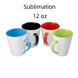 12oz Sublimation Blank Ceramic Mug Heat Transfer Tumbler Coffee Tea Milk Mug Conic Colour Drinking Cup With Handle DIY