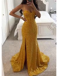 Party Dresses Mermaid Trumpet Prom Sexy Backless Evening Dress Formal Sweetheart Spaghetti Strap Sleeveless Sweep Train Sequined Slit